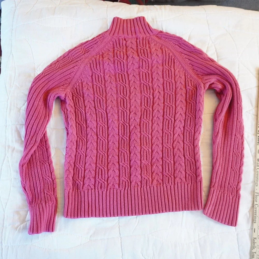 VTG Pink Cable Knit Mock Zip Neck Sweater Size‎ S Cotton Fisherman Chunky